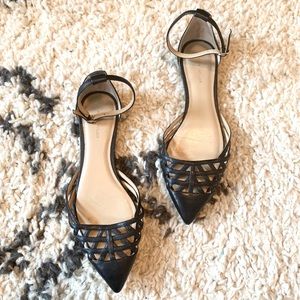 Ann Taylor black pointed caged ankle strap flat